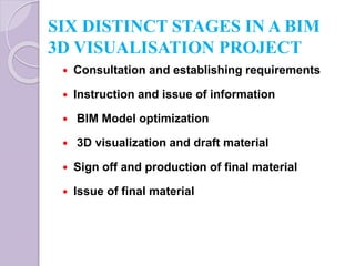 SIX DISTINCT STAGES IN A BIM
3D VISUALISATION PROJECT
 Consultation and establishing requirements
 Instruction and issue of information
 BIM Model optimization
 3D visualization and draft material
 Sign off and production of final material
 Issue of final material
 