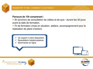 PASSEPORT TP BIM : COMMENT CA SE PASSE ?
Parcours de 10h comprenant :
■ 3h (environ) de consultation de vidéos et de quiz - durant les 30 jours
avant la date de formation.
■ 7h de formation (mise en situation, ateliers, accompagnement pour la
réalisation de plans d’action)
 Un expert à votre disposition
 Newsletters hebdomadaires
 Séminaires en ligne
 