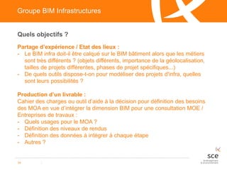 Partage d’expérience / Etat des lieux :
- Le BIM infra doit-il être calqué sur le BIM bâtiment alors que les métiers
sont très différents ? (objets différents, importance de la géolocalisation,
tailles de projets différentes, phases de projet spécifiques...)
- De quels outils dispose-t-on pour modéliser des projets d'infra, quelles
sont leurs possibilités ?
Production d’un livrable :
Cahier des charges ou outil d’aide à la décision pour définition des besoins
des MOA en vue d’intégrer la dimension BIM pour une consultation MOE /
Entreprises de travaux :
- Quels usages pour le MOA ?
- Définition des niveaux de rendus
- Définition des données à intégrer à chaque étape
- Autres ?
34
Quels objectifs ?
Groupe BIM Infrastructures
 