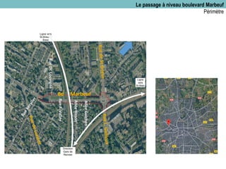 Le passage à niveau boulevard Marbeuf
Périmètre
Bd Marbeuf
Ligne vers
St-Brieuc /
Brest
Direction
Gare de
Rennes
Ligne
vers
St-Malo
RueDr.Louvigné
AlléeBisson
AlléeGuichen
RueF.Vallée
 