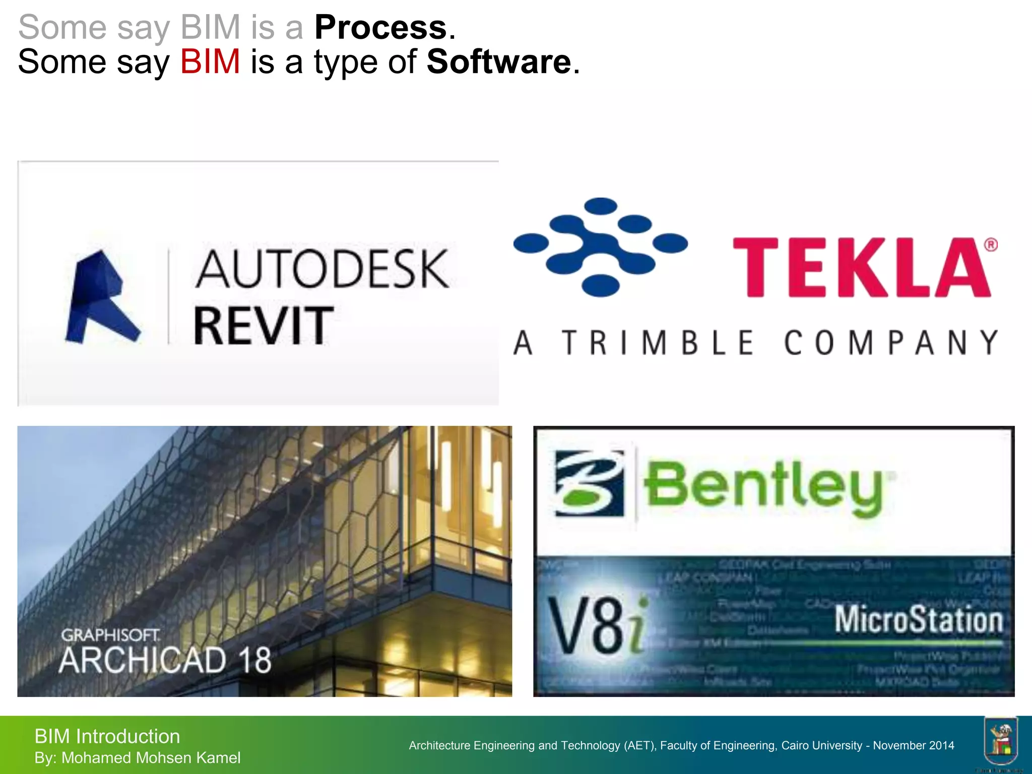 Architecture Engineering and Technology (AET), Faculty of Engineering, Cairo University - November 2014
BIM Introduction
By: Mohamed Mohsen Kamel
Some say BIM is a type of Software.
Some say BIM is a Process.
 