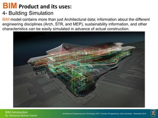 Architecture Engineering and Technology (AET), Faculty of Engineering, Cairo University - November 2014
BIM Introduction
By: Mohamed Mohsen Kamel
4- Building Simulation
BIM model contains more than just Architectural data; information about the different
engineering disciplines (Arch, STR, and MEP), sustainability information, and other
characteristics can be easily simulated in advance of actual construction.
BIM Product and its uses:
 