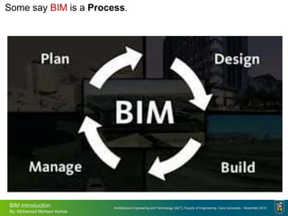 Architecture Engineering and Technology (AET), Faculty of Engineering, Cairo University - November 2014
BIM Introduction
By: Mohamed Mohsen Kamel
Some say BIM is a Process.
 