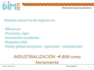 El marco en el que nos movemos
3
Nuestro sector ha de mejorar en:
-Eficiencia
-Precisión, rigor
-Innovación constante
-Respeto a MA
-Visión global (proyecto – ejecución – explotación)
INDUSTRIALIZACIÓN BIM como
herramienta
Madrid, 28/abril/2015 Bim en Cataluña