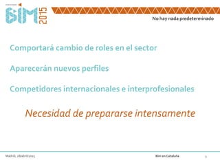 No hay nada predeterminado
9
Comportará cambio de roles en el sector
Aparecerán nuevos perfiles
Competidores internacionales e interprofesionales
Necesidad de prepararse intensamente
Madrid, 28/abril/2015 Bim en Cataluña