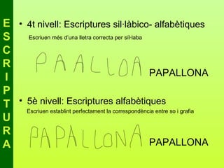 E • 4t nivell: Escriptures sil·làbico- alfabètiques
S    Escriuen més d’una lletra correcta per síl·laba

C
R
I                                                    PAPALLONA
P
T • Escriuen establint perfectament la correspondència entre so i grafia
    5è nivell: Escriptures alfabètiques
U
R
A                                                    PAPALLONA
 