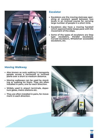 17
Escalator
Escalators are the moving staircase oper-
ating at constant speed between two
levels in an inclined course for carrying
large number of people in a short time.
Escalators also have a moving handrail
which approximately keeps pace with the
movement of the steps.
Some of the types of escalators are Step
type escalators, Parallel escalators,
Curved escalators, Wheelchair accessible
escalators, etc.
•
•
•
Moving Walkway
Also known as auto walking it transports
people across a horizontal or inclined
plane over a short to medium distance.
Moving walkways can be used by stand-
ing or walking on them. They are often
installed in pairs, one for each direction.
Widely used in airport terminals, depar-
ture gates, metro stations etc.
They are often installed in pairs, for move-
ment in each direction.
•
•
•
•
 