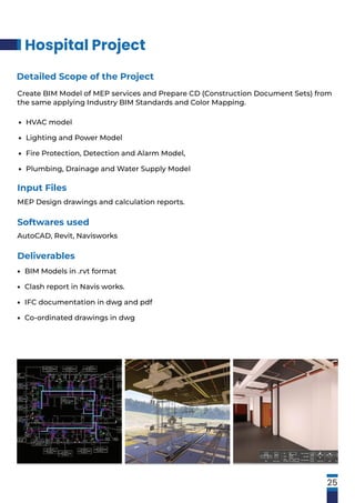 Hospital Project
25
Input Files
MEP Design drawings and calculation reports.
Softwares used
AutoCAD, Revit, Navisworks
Detailed Scope of the Project
Create BIM Model of MEP services and Prepare CD (Construction Document Sets) from
the same applying Industry BIM Standards and Color Mapping.
HVAC model
Lighting and Power Model
Fire Protection, Detection and Alarm Model,
Plumbing, Drainage and Water Supply Model
•
•
•
•
Deliverables
BIM Models in .rvt format
Clash report in Navis works.
IFC documentation in dwg and pdf
Co-ordinated drawings in dwg
•
•
•
•
 