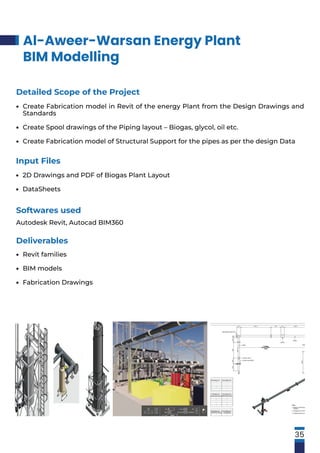 Al-Aweer-Warsan Energy Plant
BIM Modelling
35
Softwares used
Autodesk Revit, Autocad BIM360
Detailed Scope of the Project
Create Fabrication model in Revit of the energy Plant from the Design Drawings and
Standards
Create Spool drawings of the Piping layout – Biogas, glycol, oil etc.
Create Fabrication model of Structural Support for the pipes as per the design Data
•
•
•
Input Files
2D Drawings and PDF of Biogas Plant Layout
DataSheets
•
•
Deliverables
Revit families
BIM models
Fabrication Drawings
•
•
•
 