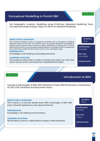 41
Conceptual Modelling in Formit 360
Set Geographic Location, Modelling using Primitives, Advanced Modelling Tools,
Conceptual Energy Analysis, Export to Revit for Detailed Modelling.
OBJECTIVES & OVERVIEW
This module introduces what is conceptual modeling and a conceptual modeling
software called Formit 360. The module aims to provide adequate knowledge to
create a 3D conceptual mass model on a plane, deﬁned by a map service in Formit
360 and hence carry out the energy analysis based on the shape which is created and
thus import the model into Revit and convert it into a detailed model.
PREREQUISITE
Knowledge on 2D Drafting and building elements.
LEARNING OUTCOME
The students will be able to create a concept and create it as a 3D mass
which can be further converted into a detailed Revit Model.
Duration
4hrs
Certiﬁcation
Autodesk
Key Tool
Formit360
Assessments
1
Introduction to BIM
Concept & Advantages of BIM, BIM Workﬂow & Tools, BIM Dimensions, Classiﬁcation
of LOD, CDE workﬂows and document status.
OBJECTIVES & OVERVIEW
This module is to provide details about BIM, advantages of BIM, BIM
tools, Industrial applications, Job oppurtunities etc.
PREREQUISITE
Knowledge in 2D drafting and annotation.
LEARNING OUTCOME
Will be able to work on a BIM platform based on BIM standards.
Duration
10hrs
Certiﬁcation
Bimlabs
Key Tool
Theory
Assessments
1
BL-LV02-C
BL-LV02-D
 