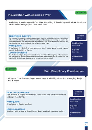 47
Visualization with 3ds max & Vray
Modelling & rendering with 3ds Max, Modelling & Rendering with VRAY, Interior &
Exterior Rendering,Export from Revit -FBX.
OBJECTIVES & OVERVIEW
The module introduces the 3ds Max software used for 3D designing and the renderig
software called Vray. The module aims to provide adequate training to aquire the
knowledge about 3ds max software and the tools used for 3D modelling the tool and
then Render the same design in the software called Vray.
PREREQUISITE
Knowledge in building components and basic parameters, space
planning,direction of lights.
LEARNING OUTCOME
The students will get the proper introduction about the 3D designing software called
3Ds Max and the rendering software called VRAY. The students will be able to use 3Ds
Max for 3D designing and use Vray for renderiing of the model.
Duration
86hrs
Certiﬁcation
Autodesk
Key Tool
3ds Max
Assessments
1
Multi-Disciplinary Coordination
Linking & Coordination, Copy Monitoring & Visibility Graphics, Managing Project
Links & Views.
OBJECTIVES & OVERVIEW
This module is to provide detailed class about the Revit coordination
and copy monitoring.
PREREQUISITE
Knowledge in Revit modeling.
LEARNING OUTCOME
Students will be able to link different Revit models into single project.
Duration
4hrs
Certiﬁcation
Autodesk
Key Tool
Revit
Assessments
1
BL-LV02-O
BL-LV02-P
 