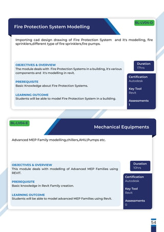 54
Fire Protection System Modelling
Importing cad design drawing of Fire Protection System and it's modelling, ﬁre
sprinklers,different type of ﬁre sprinklers,ﬁre pumps.
OBJECTIVES & OVERVIEW
The module deals with Fire Protection Systems in a building, it's various
components and it's modelling in revit.
PREREQUISITE
Basic Knowledge about Fire Protection Systems.
LEARNING OUTCOME
Students will be able to model Fire Protection System in a building.
Duration
17hrs
Certiﬁcation
Autodesk
Key Tool
Revit
Assessments
1
Mechanical Equipments
Advanced MEP Family modelling,chillers,AHU,Pumps etc.
OBJECTIVES & OVERVIEW
This module deals with modelling of Advanced MEP Families using
REVIT.
PREREQUISITE
Basic knowledge in Revit Family creation.
LEARNING OUTCOME
Students will be able to model advanced MEP Families using Revit.
Duration
10hrs
Certiﬁcation
Autodesk
Key Tool
Revit
Assessments
0
BL-LV04-D
BL-LV04-E
 