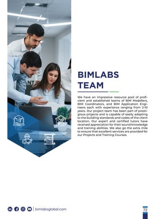 72
BIMLABS
TEAM
bimlabsglobal.com
We have an impressive resource pool of proﬁ-
cient and established teams of BIM Modellers,
BIM Coordinators, and BIM Application Engi-
neers each with experience ranging from 2-10
years. Our project team has been part of presti-
gious projects and is capable of easily adapting
to the building standards and codes of the client
location. Our expert and certiﬁed tutors have
received appreciation for their sound knowledge
and training abilities. We also go the extra mile
to ensure that excellent services are provided for
our Projects and Training Courses.
 