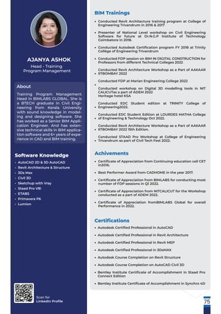 Scan for
LinkedIn Proﬁle
Head - Training
Program Management
About
AJANYA ASHOK
Training Program Management
Head in BIMLABS GLOBAL. She is
a BTECH graduate in Civil Engi-
neering from Kerala University
with sound knowledge in model-
ing and designing software. She
has worked as a Senior BIM Appli-
cation Engineer. And has exten-
sive technical skills in BIM applica-
tion software and 6+ years of expe-
rience in CAD and BIM training.
Software Knowledge
• AutoCAD 2D & 3D AutoCAD
• Revit Architecture & Structure
• 3Ds Max
• Civil 3D
• Sketchup with Vray
• Staad Pro V8i
• ETABS
• Primavera P6
• Lumion
BIM Trainings
Conducted Revit Architecture training program at College of
Engineering Trivandrum in 2016 & 2017
Presenter of National Level workshop on Civil Engineering
Software for future at Dr.N.G.P Institute of Technology
Coimbatore in 2018.
Conducted Autodesk Certiﬁcation program FY 2018 at Trinity
Collège of Engineering Trivandrum
Conducted FDP session on BIM IN DIGITAL CONSTRUCTION for
Professors from different Technical Colleges 2022
Conducted Revit Architecture Workshop as a Part of AAKAAR
IITBOMBAY 2022
Conducted FDP at Marian Engineering College 2022
Conducted workshop on Digital 3D modelling tools in NIT
CALICUTas a part of ADEM 2022
Heritage hotel KSA
Conducted EDC Student edition at TRINITY College of
Engineering2022.
Conducted EDC Student Edition at LOURDES MATHA College
of Engineering & Technology Oct 2022.
Conducted Revit Architecture Workshop as a Part of AAKAAR
IITBOMBAY 2022 15th Edition.
Conducted STAAD Pro Workshop at College of Engineering
Trivandrum as part of Civil Tech Fest 2022.
•
•
•
•
•
•
•
•
•
•
Achivements
Certiﬁcate of Appreciation from Continuing education cell CET
in2016.
Best Performer Award from CADHOME in the year 2017.
Certiﬁcate of Appreciation from BIMLABS for conducting most
number of FDP sessions in Q1 2022.
Certiﬁcate of Appreciation from NITCALICUT for the Workshop
conducted as a part of ADEM 2022.
Certiﬁcate of Appreciation fromBIMLABS Global for overall
Performance in 2022.
•
•
•
•
•
Certiﬁcations
Autodesk Certiﬁed Professional in AutoCAD
Autodesk Certiﬁed Professional in Revit Architecture
Autodesk Certiﬁed Professional in Revit MEP
Autodesk Certiﬁed Professional in 3DsMAX
Autodesk Course Completion on Revit Structure
Autodesk Course Completion on AutoCAD Civil 3D
Bentley Institute Certiﬁcate of Accomplishment in Staad Pro
Connect Edition
Bentley Institute Certiﬁcate of Accomplishment in Synchro 4D
•
•
•
•
•
•
•
•
75
 