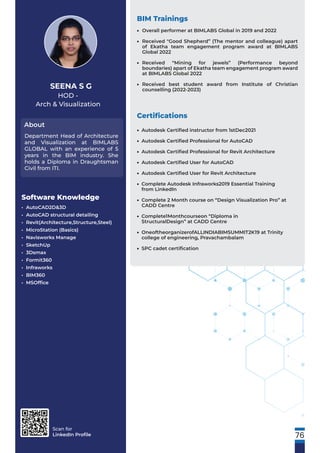Scan for
LinkedIn Proﬁle
HOD -
Arch & Visualization
About
SEENA S G
Department Head of Architecture
and Visualization at BIMLABS
GLOBAL with an experience of 5
years in the BIM industry. She
holds a Diploma in Draughtsman
Civil from ITI.
Software Knowledge
• AutoCAD2D&3D
• AutoCAD structural detailing
• Revit(Architecture,Structure,Steel)
• MicroStation (Basics)
• Navisworks Manage
• SketchUp
• 3Dsmax
• Formit360
• Infraworks
• BIM360
• MSOfﬁce
BIM Trainings
Certiﬁcations
76
Overall performer at BIMLABS Global in 2019 and 2022
Received "Good Shepherd” (The mentor and colleague) apart
of Ekatha team engagement program award at BIMLABS
Global 2022
Received “Mining for jewels” (Performance beyond
boundaries) apart of Ekatha team engagement program award
at BIMLABS Global 2022
Received best student award from Institute of Christian
counselling (2022-2023)
•
•
•
•
Autodesk Certiﬁed instructor from 1stDec2021
Autodesk Certiﬁed Professional for AutoCAD
Autodesk Certiﬁed Professional for Revit Architecture
Autodesk Certiﬁed User for AutoCAD
Autodesk Certiﬁed User for Revit Architecture
Complete Autodesk Infraworks2019 Essential Training
from LinkedIn
Complete 2 Month course on “Design Visualization Pro” at
CADD Centre
Complete1Monthcourseon “Diploma in
StructuralDesign” at CADD Centre
OneoftheorganizerofALLINDIABIMSUMMIT2K19 at Trinity
college of engineering, Pravachambalam
SPC cadet certiﬁcation
•
•
•
•
•
•
•
•
•
•
 
