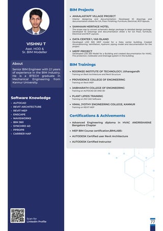 Scan for
LinkedIn Proﬁle
Asst. HOD &
Sr. BIM Modeller
About
VISHNU T
Senior BIM Engineer with 2.1 years
of experience in the BIM industry.
He is a BTECH graduate in
Mechanical Engineering from
Kannur University.
Software Knowledge
• AUTOCAD
• REVIT ARCHITECTURE
• REVIT MEP
• ENSCAPE
• NAVISWORKS
• BIM 360
• SYNCHRO 4D
• PPROPR
• CARRIER HAP
77
BIM Projects
AMAALASTAFF VILLAGE PROJECT
Interior designing and documentation: Developed ID drawings and
documentation sheets for GA, Floor Finishing, Furniture, Electrical, RCP layouts.
SAMHAAN HERITAGE HOTEL
The scope was to convert schematic design package to detailed design package.
Developed ID Drawings and documentation sheet s for GA Floor, furniture,
Electrical and RCP Layouts.
DATA CENTER 1, YAS ISLAND
Developed LOD 300 MEP model for a Data center building. Created
Airconditioning, Ventillation, Hydronic piping model and documentation for the
project
MEPF PROJECT
Developed LOD 350 Model for a Building and created documentation for HVAC,
Fire protection, Coldwater and Drainage system in the building
•
•
•
•
Certiﬁcations & Achivements
Advanced Engineering diploma in HVAC ANDRISHARAE
Bangalore Chapter
MEP BIM Course certiﬁcation,BIMLABS-
AUTODESK Certiﬁed user Revit Architecture
AUTODESK Certiﬁed Instructor
•
•
•
•
BIM Trainings
ROORKEE INSTITUTE OF TECHNOLOGY, Utharagandh
Training on Revit Architecture and Revit Structure
PROVIDENCE COLLEGE OF ENGINEERING
Training on Revit MEP
JAIBHARATH COLLEGE OF ENGINEERING
Training on AUTOCAD 2D AND 3D
PLANT LIPIDS TRAINING
Training on ZW CAD Software
VIMAL JYOTHY ENGINEERING COLLEGE, KANNUR
Training on REVIT MEP
•
•
•
•
•
 