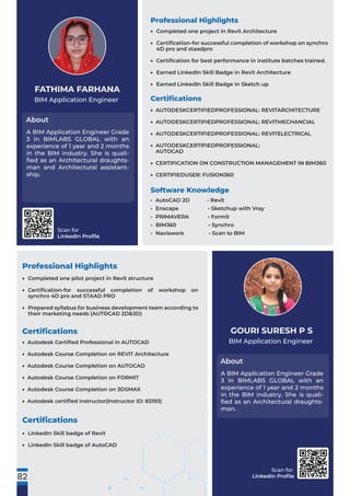 Scan for
LinkedIn Proﬁle
Scan for
LinkedIn Proﬁle
BIM Application Engineer
About
FATHIMA FARHANA
Certiﬁcations
Certiﬁcations
Professional Highlights
A BIM Application Engineer Grade
3 in BIMLABS GLOBAL with an
experience of 1 year and 2 months
in the BIM industry. She is quali-
ﬁed as an Architectural draughts-
man and Architectural assistant-
ship.
BIM Application Engineer
About
GOURI SURESH P S
A BIM Application Engineer Grade
3 in BIMLABS GLOBAL with an
experience of 1 year and 2 months
in the BIM industry. She is quali-
ﬁed as an Architectural draughts-
man.
Software Knowledge
• AutoCAD 2D • Revit
• Enscape • Sketchup with Vray
• PRIMAVERA • Formit
• BIM360 • Synchro
• Naviswork • Scan to BIM
82
Completed one project in Revit Architecture
Certiﬁcation-for successful completion of workshop on synchro
4D pro and staadpro
Certiﬁcation for best performance in institute batches trained.
Earned LinkedIn Skill Badge in Revit Architecture
Earned LinkedIn Skill Badge in Sketch up
•
•
•
•
•
Professional Highlights
AUTODESKCERTIFIEDPROFESSIONAL: REVITARCHITECTURE
AUTODESKCERTIFIEDPROFESSIONAL: REVITMECHANCIAL
AUTODESKCERTIFIEDPROFESSIONAL: REVITELECTRICAL
AUTODESKCERTIFIEDPROFESSIONAL:
AUTOCAD
CERTIFICATION ON CONSTRUCTION MANAGEMENT IN BIM360
CERTIFIEDUSER: FUSION360
•
•
•
•
•
•
Certiﬁcations
Completed one pilot project in Revit structure
Certiﬁcation-for successful completion of workshop on
synchro 4D pro and STAAD PRO
Prepared syllabus for business development team according to
their marketing needs (AUTOCAD 2D&3D)
•
•
•
LinkedIn Skill badge of Revit
LinkedIn Skill badge of AutoCAD
•
•
Autodesk Certiﬁed Professional in AUTOCAD
Autodesk Course Completion on REVIT Architecture
Autodesk Course Completion on AUTOCAD
Autodesk Course Completion on FORMIT
Autodesk Course Completion on 3DSMAX
Autodesk certiﬁed instructor(Instructor ID: 83193)
•
•
•
•
•
•
 