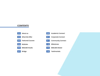 CONTENTS
09
10
11
12
13
14
Academic Connect
Corporate Connect
Community Connect
Milestones
BIMLABS Global
Testimonials
01
02
03
04
06
07
What We Offer
Featured Courses
Modules
BIMLABS Studio
Bridge
About us
 