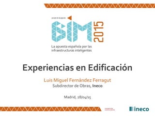 Experiencias en Edificación
Luis Miguel Fernández Ferragut
Subdirector de Obras, Ineco
Madrid, 28/04/15
 