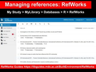 Managing references: RefWorks
My Study > MyLibrary > Databases > R > RefWorks
RefWorks Guides https://libguides.mdx.ac.uk/...