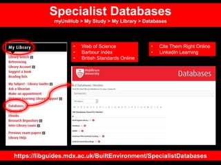 https://libguides.mdx.ac.uk/BuiltEnvironment/SpecialistDatabases
• Web of Science
• Barbour Index
• British Standards Onli...