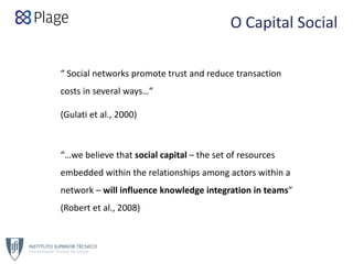 O Capital Social
“…we believe that social capital – the set of resources
embedded within the relationships among actors within a 
network – will influence knowledge integration in teams”
(Robert et al., 2008)
“ Social networks promote trust and reduce transaction
costs in several ways…”
(Gulati et al., 2000)
 