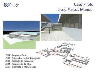 LOD1 ‐ Programa Base
LOD2 ‐ Estudo Prévio / Anteprojecto
LOD3 ‐ Projecto de Execução
LOD4 ‐ Preparação da Obra
LOD5 ‐ Operação e Manutenção
Caso Piloto  
Liceu Passos Manuel
 