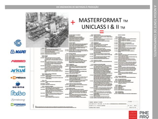 MASTERFORMAT TM
UNICLASS I & II TM
DO ENGENHEIRO DE MATERIAIS À PRODUÇÃO
A NOSSA FONTE DE COMPONENTES
+
=
 