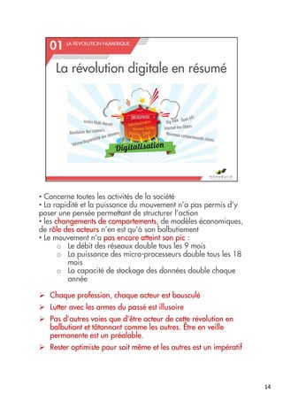 • Concerne toutes les activités de la société
• La rapidité et la puissance du mouvement n’a pas permis d’y
poser une pensée permettant de structurer l’action
• les changements de comportements, de modèles économiques,
de rôle des acteurs n’en est qu’à son balbutiement
• Le mouvement n’a pas encore atteint son pic :
o Le débit des réseaux double tous les 9 mois
o La puissance des micro-processeurs double tous les 18
mois
o La capacité de stockage des données double chaque
année
Chaque profession, chaque acteur est bousculé
Lutter avec les armes du passé est illusoire
Pas d’autres voies que d’être acteur de cette révolution en
balbutiant et tâtonnant comme les autres. Être en veille
permanente est un préalable.
Rester optimiste pour soit même et les autres est un impératif
14
 
