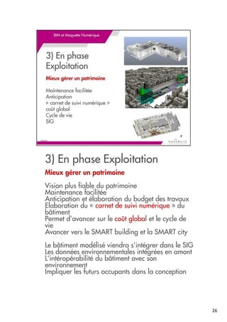 3) En phase Exploitation
Mieux gérer un patrimoine
Vision plus fiable du patrimoine
Maintenance facilitée
Anticipation et élaboration du budget des travaux
Elaboration du « carnet de suivi numérique » du
bâtiment
Permet d’avancer sur le coût global et le cycle de
vie
Avancer vers le SMART building et la SMART city
Le bâtiment modélisé viendra s’intégrer dans le SIG
Les données environnementales intégrées en amont
L’intéropérabilité du bâtiment avec son
environnement
Impliquer les futurs occupants dans la conception
26
 