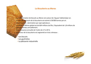 La Biscuiterie au Maroc
§ La consommation de biscuits au Maroc est autour de 2 kg par habitant/par an.
§ Le marché marocain de la biscuiterie est estimé à 58 000 tonnes par an.
§ 28 entreprises : domination par sept opérateurs.
§ Le chiffre d’affaires global est de 664 millions de Dhs, l’équivalent de 1,8 millions de
paquets vendus annuellement.
§ Une croissance annuelle de l’ordre de 17 à 20 %.
§ Le secteur de la biscuiterie est segmenté en trois créneaux :
• Les biscuits
• Les gaufrettes
• La pâtisserie industrielle
 