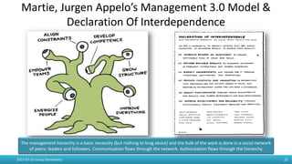 Martie, Jurgen Appelo’s Management 3.0 Model &
Declaration Of Interdependence
2015-07-19 Janusz Stankiewicz 25
The management hierarchy is a basic necessity (but nothing to brag about) and the bulk of the work is done in a social network
of peers: leaders and followers. Communication flows through the network. Authorization flows through the hierarchy
 