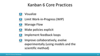 Kanban 6 Core Practices
2015-07-19 Janusz Stankiewicz 30
- Visualize
- Limit Work-in-Progress (WIP)
- Manage Flow
- Make policies explicit
- Implement feedback loops
- Improve collaboratively, evolve
experimentally (using models and the
scientific method)
 