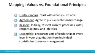 Mapping: Values vs. Foundational Principles
2015-07-19 Janusz Stankiewicz 31
- Understanding: Start with what you do now
- Agreement: Agree to pursue evolutionary change
- Respect: Initially, respect current processes, roles,
responsibilities, and job titles
- Leadership: Encourage acts of leadership at every
level in your organization from individual
contributor to senior management
 