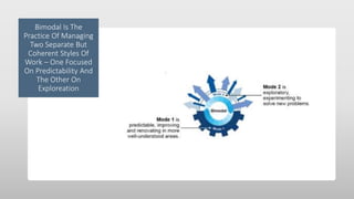 Bimodal Is The
Practice Of Managing
Two Separate But
Coherent Styles Of
Work – One Focused
On Predictability And
The Other On
Exploreation
 