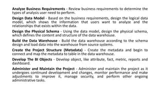 Analyze Business Requirements - Review business requirements to determine the
types of analysis user need to perform.
Design Data Model - Based on the business requirements, design the logical data
model, which shows the information that users want to analyze and the
relationships that exists within the data.
Design the Physical Schema - Using the data model, design the physical schema,
which defines the content and structure of the data warehouse.
Build the Data Warehouse - Build the data warehouse according to the schema
design and load data into the warehouse from source systems.
Create the Project Structure (Metadata) - Create the metadata and begin to
connect and map the metadata to table in the data warehouse.
Develop The BI Objects - Develop object, like attribute, fact, metric, reports and
dashboard.
Administer and Maintain the Project - Administer and maintain the project as it
undergoes continued development and changes, monitor performance and make
adjustments to improve it, manage security, and perform other ongoing
administrative tasks.
 