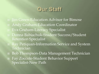 Our StaffJim Green-Education Advisor for BimoseAndy Graham-Education CoordinatorEva Graham-Literacy SpecialistDonna Babiachuk-Student Success/Student Retention SpecialistRay Petiquan-Information Service and System TechnicianBob Thompson-Data Management TechnicianFay Zoccole-Student Behavior Support Specialist-New Path