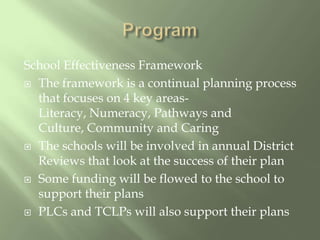 ProgramSchool Effectiveness FrameworkThe framework is a continual planning process that focuses on 4 key areas-Literacy, Numeracy, Pathways and Culture, Community and CaringThe schools will be involved in annual District Reviews that look at the success of their planSome funding will be flowed to the school to support their plansPLCs and TCLPs will also support their plans 