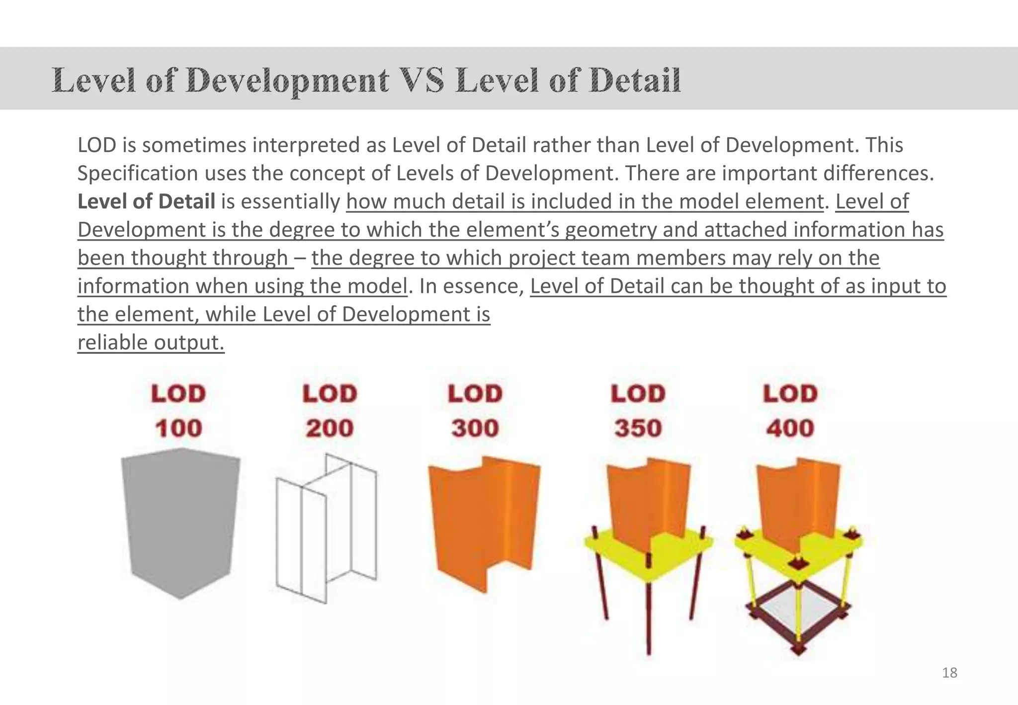 LOD is sometimes interpreted as Level of Detail rather than Level of Development. This
Specification uses the concept of Levels of Development. There are important differences.
Level of Detail is essentially how much detail is included in the model element. Level of
Development is the degree to which the element’s geometry and attached information has
been thought through – the degree to which project team members may rely on the
information when using the model. In essence, Level of Detail can be thought of as input to
the element, while Level of Development is
reliable output.
18
 