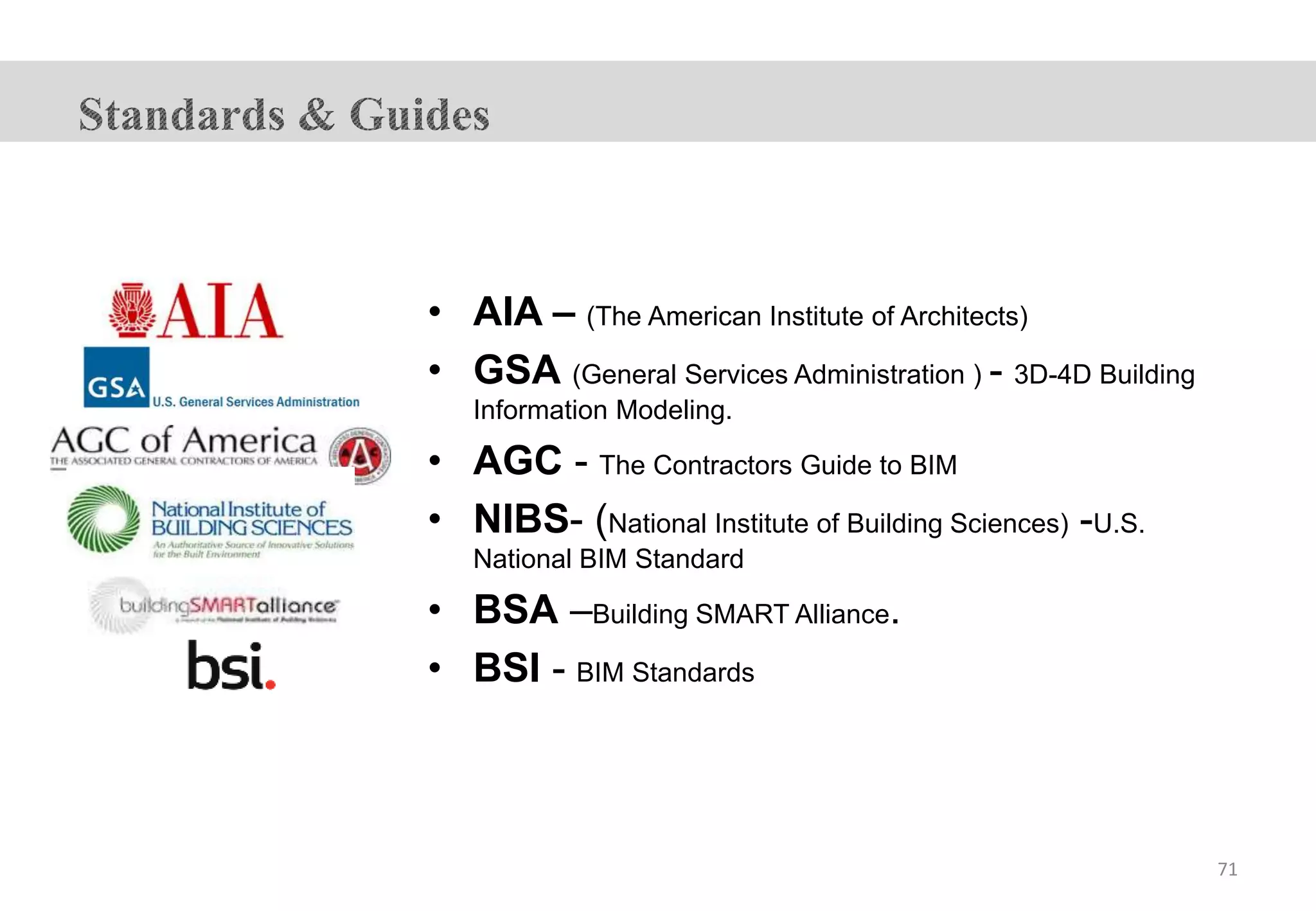 • AIA – (The American Institute of Architects)
• GSA (General Services Administration ) - 3D-4D Building
Information Modeling.
• AGC - The Contractors Guide to BIM
• NIBS- (National Institute of Building Sciences) -U.S.
National BIM Standard
• BSA –Building SMART Alliance.
• BSI - BIM Standards
71
 