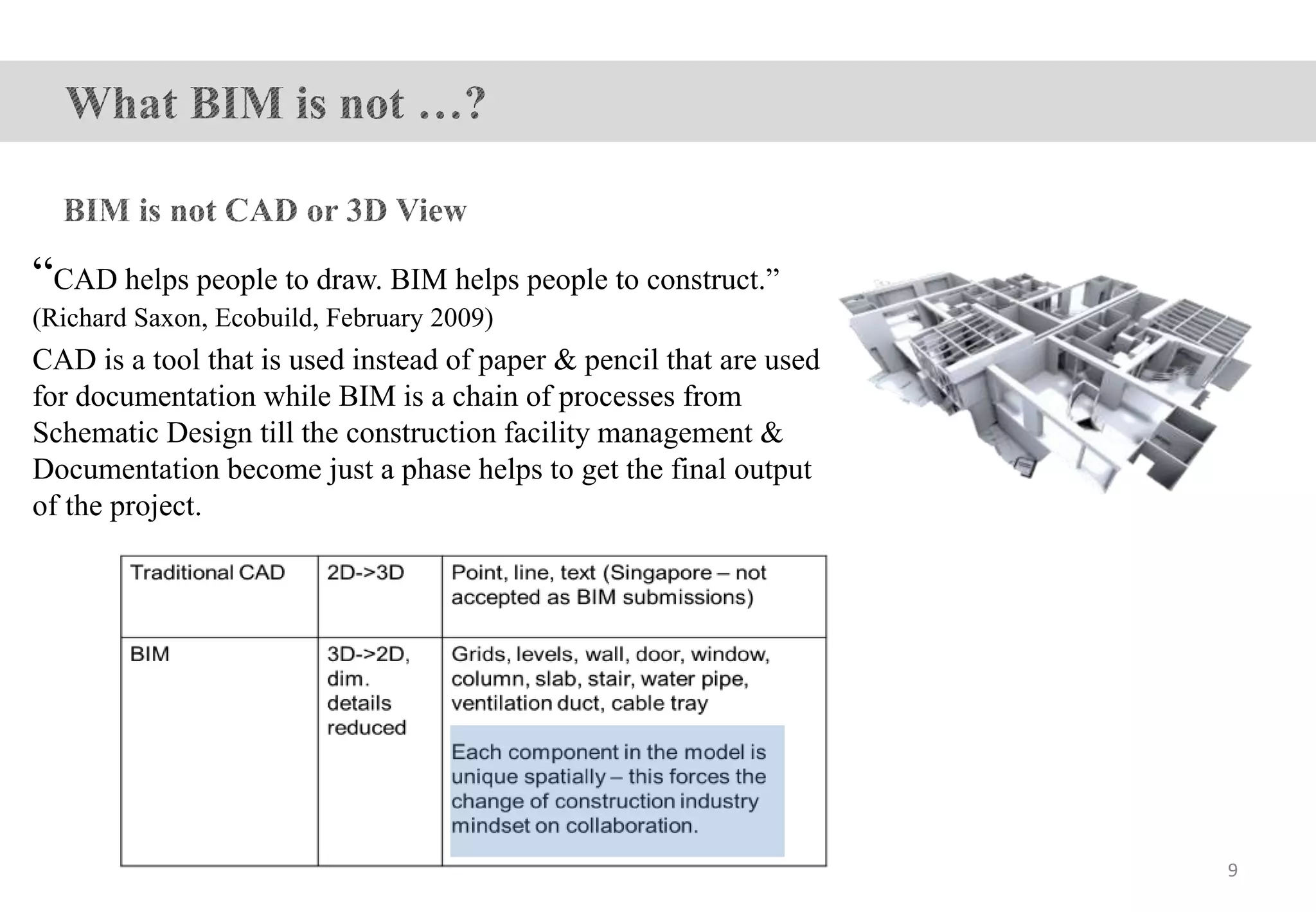 “CAD helps people to draw. BIM helps people to construct.”
(Richard Saxon, Ecobuild, February 2009)
CAD is a tool that is used instead of paper & pencil that are used
for documentation while BIM is a chain of processes from
Schematic Design till the construction facility management &
Documentation become just a phase helps to get the final output
of the project.
9
 