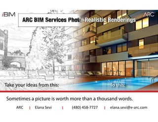 Take your ideas from this:                    To this:

Sometimes a picture is worth more than a thousand words.
     ARC      Elana Sevi     (480) 458-7727   elana.sevi@e-arc.com
 