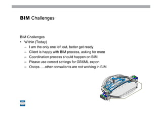 BIM Challenges



BIM Challenges
• Within (Today)
  – I am the only one left out, better get ready
  – Client is happy with BIM process, asking for more
  – Coordination process should happen on BIM
  – Please use correct settings for GBXML export
  – Ooops…..other consultants are not working in BIM
 