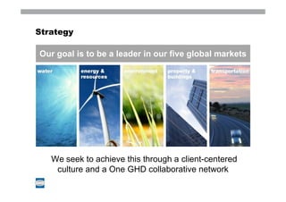 Strategy

Our goal is to be a leader in our five global markets




  We seek to achieve this through a client-centered
    culture and a One GHD collaborative network
 