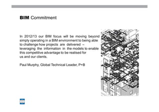 BIM Commitment



In 2012/13 our BIM focus will be moving beyond
simply operating in a BIM environment to being able
to challenge how projects are delivered –
leveraging the information in the models to enable
this competitive advantage to be realised for
us and our clients.

Paul Murphy, Global Technical Leader, P+B             Image place holder
 