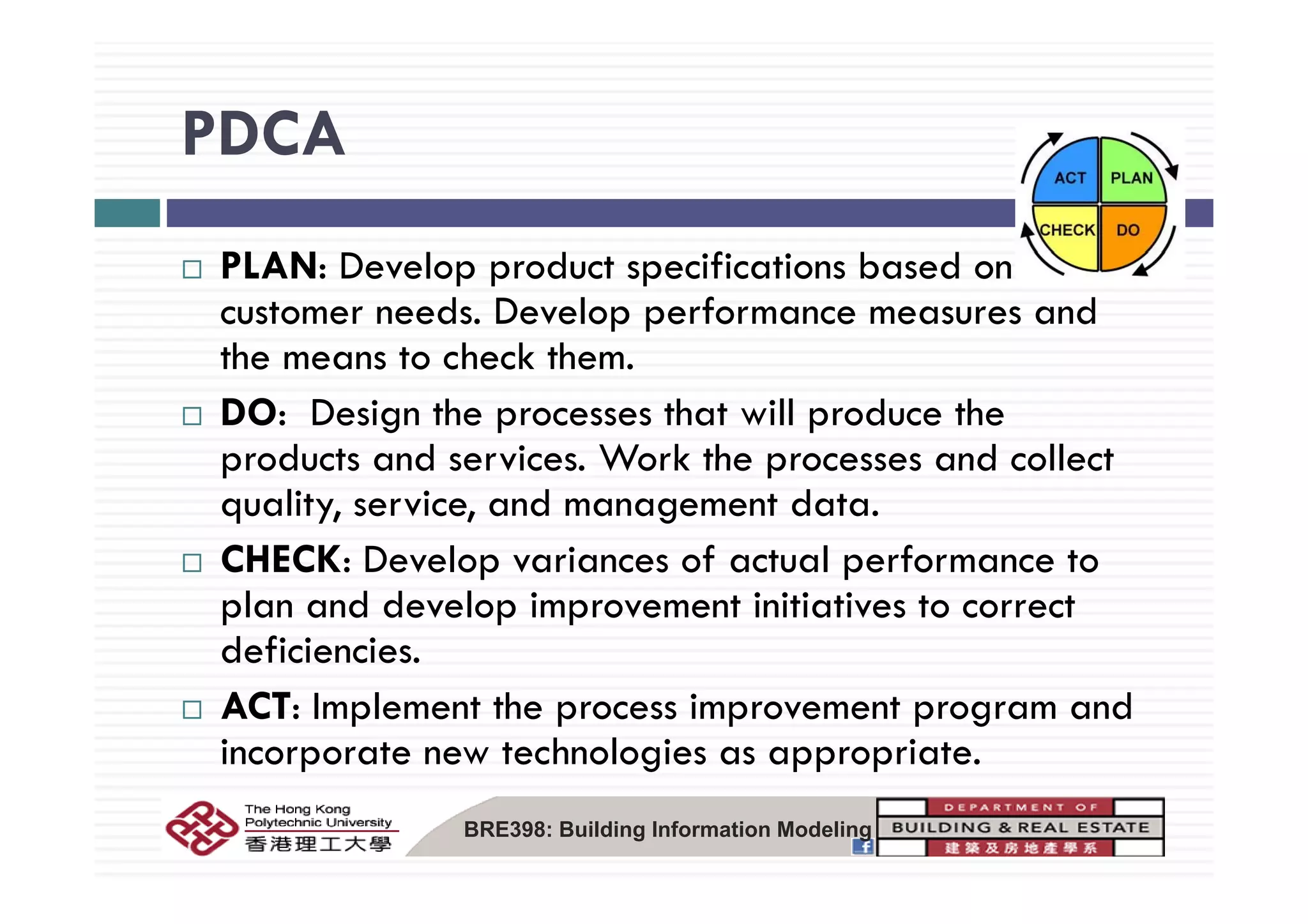 PDCAPDCA
PLAN l d f b dPLAN: Develop product specifications based on
customer needs. Develop performance measures and
the means to check themthe means to check them.
DO: Design the processes that will produce the
products and services Work the processes and collectproducts and services. Work the processes and collect
quality, service, and management data.
CHECK: Develop variances of actual performance toCHECK: Develop variances of actual performance to
plan and develop improvement initiatives to correct
deficiencies.
ACT: Implement the process improvement program and
incorporate new technologies as appropriate.
BRE398: Building Information Modeling
 