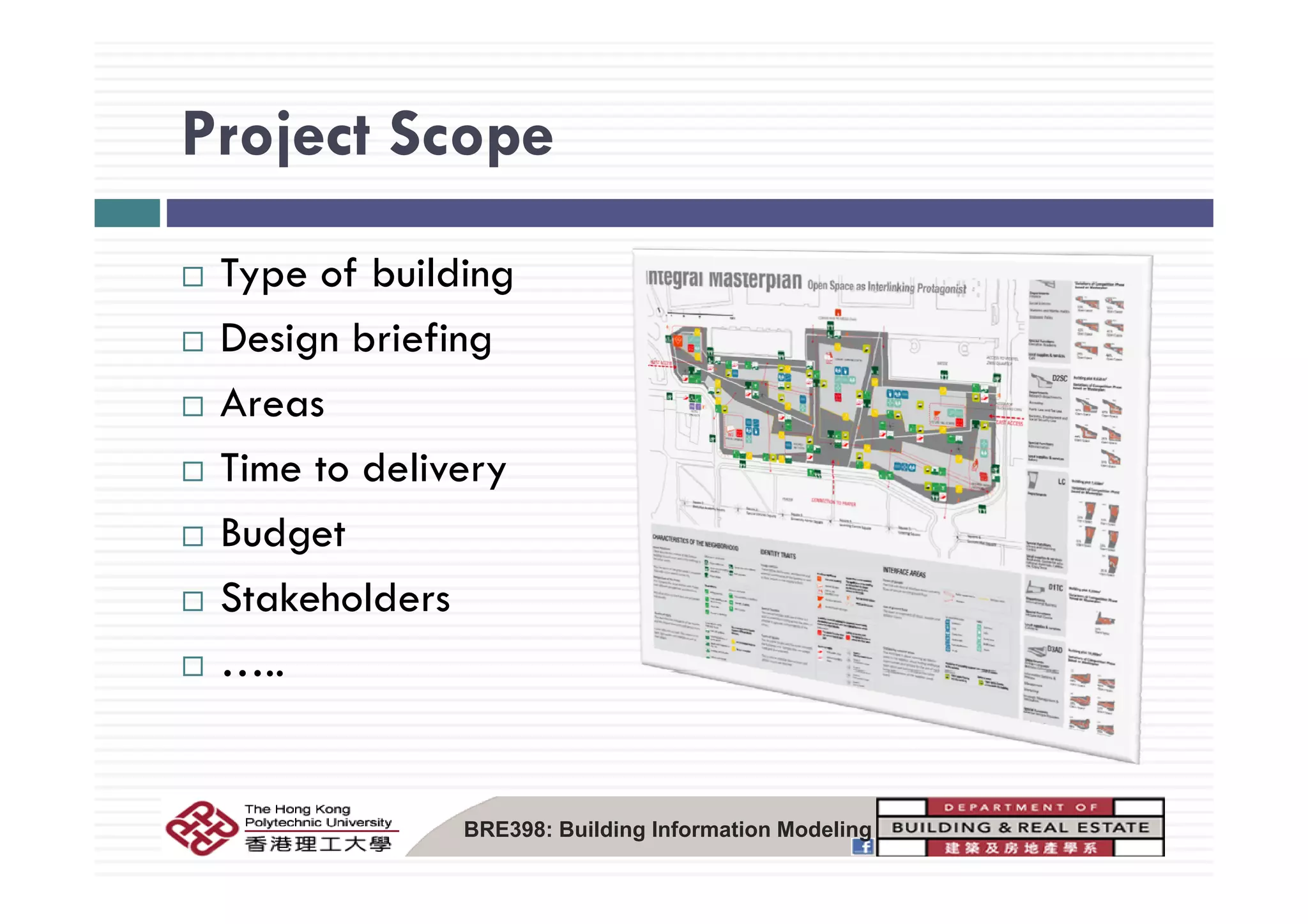 Project ScopeProject Scope
Type of building
Design briefingg g
Areas
Ti t d liTime to delivery
Budget
Stakeholders
…..…..
BRE398: Building Information Modeling
 