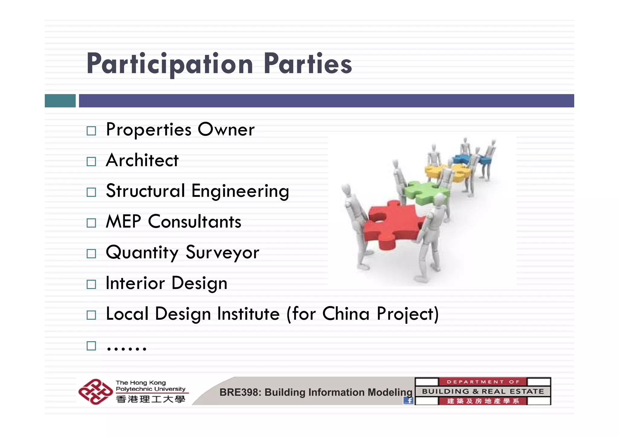 Participation PartiesParticipation Parties
Properties Owner
Architect
Structural Engineering
MEP C lt tMEP Consultants
Quantity Surveyor
Interior Design
Local Design Institute (for China Project)Local Design Institute (for China Project)
……
BRE398: Building Information Modeling
 
