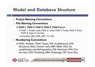 Model and Database StructureModel and Database Structure
P j N i C iProject Naming Conventions
File Naming Conventions
Field 1_Field 2_Field 3_Field 4_Field 5.xxxx
Field 1: Project code, Field 2: Zone, Field 3: Trade, Field 4: Floor,
Field 5: Type of servicesField 5: Type of services
Example: ABC_POD_MEP_1F_VAC
Numbering Conventionsg
POD : Podium, TOW: Tower, FLR: Architectural, STR:
Structural, MUL: Curtain wall, MEP: E&M, VAC: Air
di i i d R f i i ELE El i l FSV Ficonditioning and Refrigeration, ELE: Electrical, FSV: Fire
services, PLM: Plumbing, DRN: Drainage, TG: Town Gas
BRE398: Building Information Modeling
 