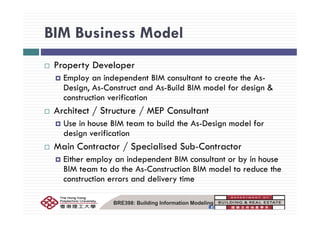 BIM Business ModelBIM Business Model
lProperty Developer
Employ an independent BIM consultant to create the As-
Design As Construct and As Build BIM model for design &Design, As-Construct and As-Build BIM model for design &
construction verification
Architect / Structure / MEP ConsultantArchitect / Structure / MEP Consultant
Use in house BIM team to build the As-Design model for
design verification
Main Contractor / Specialised Sub-Contractor
Either employ an independent BIM consultant or by in house
BIM team to do the As-Construction BIM model to reduce the
construction errors and delivery time
BRE398: Building Information Modeling
 